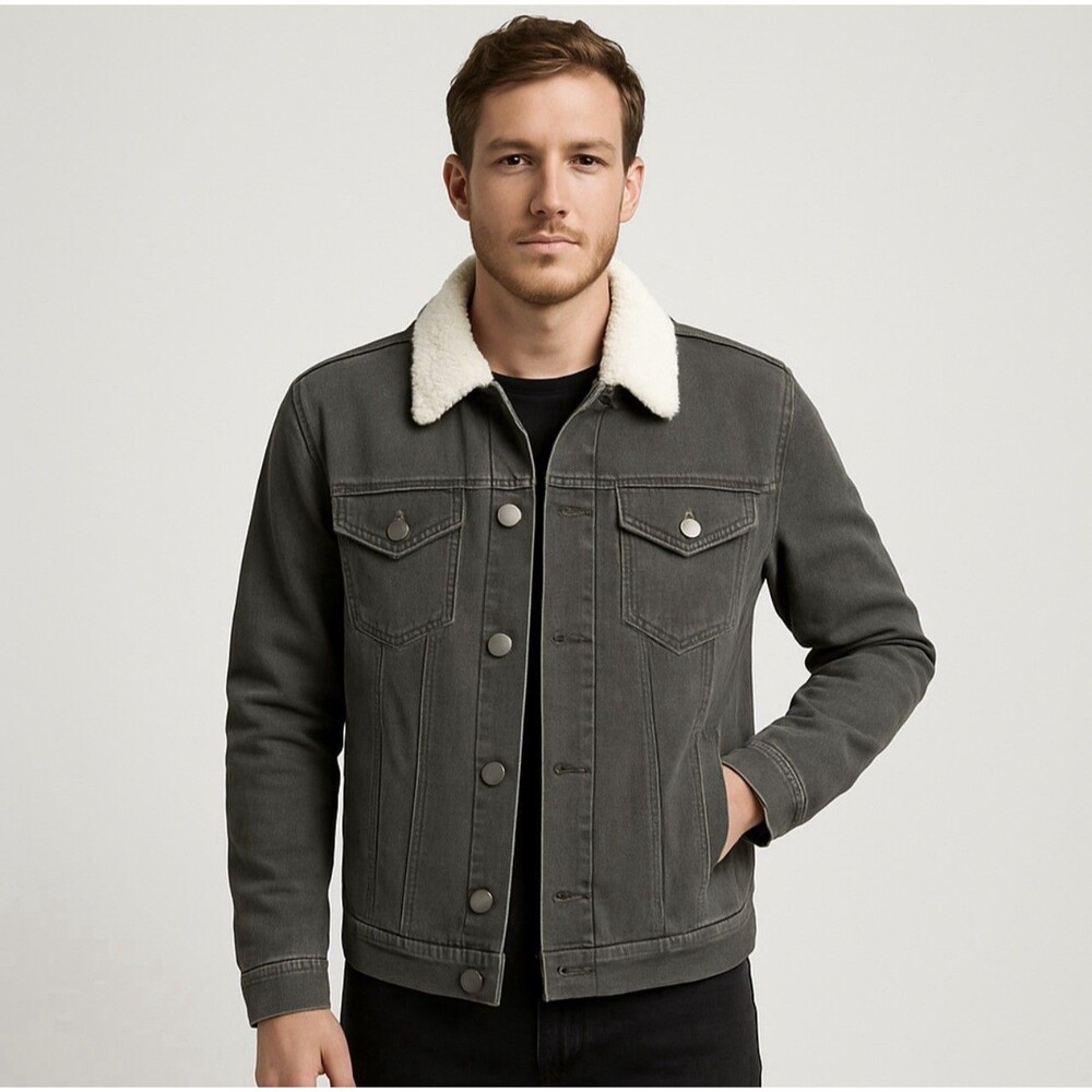 Men's Gray Sherpa-Lined Denim Jacket